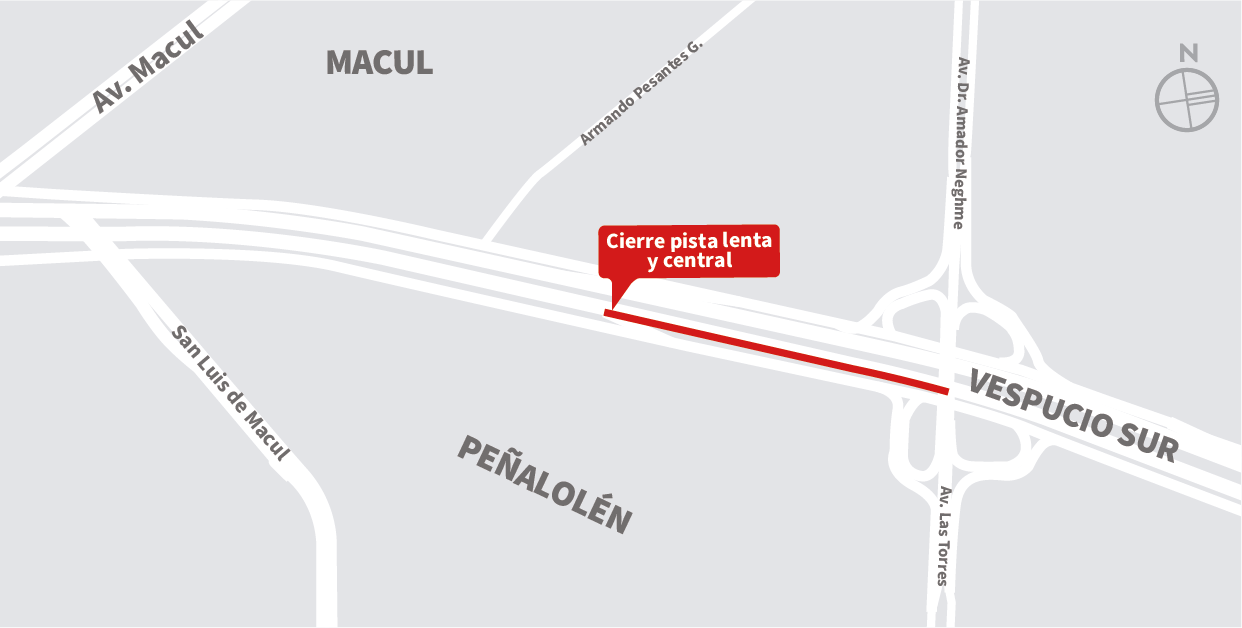 Cierre pista lenta y central de la vía expresa de poniente a oriente, desde Salida 41 hasta enlace Av. Las Torres, Peñalolén
