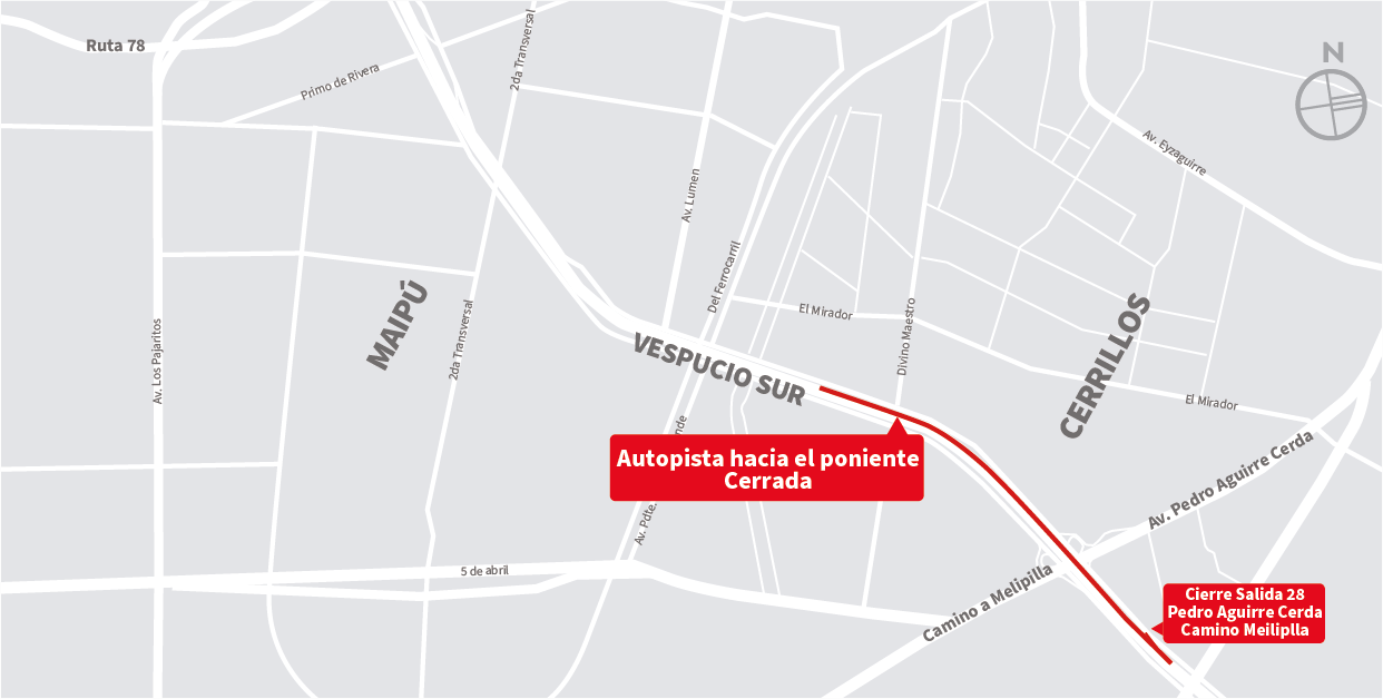 Cierre de autopista al poniente desde Salida 28 Pedro Aguirre Cerda hasta Acceso Del Ferrocarril, Cerrillos – Maipú