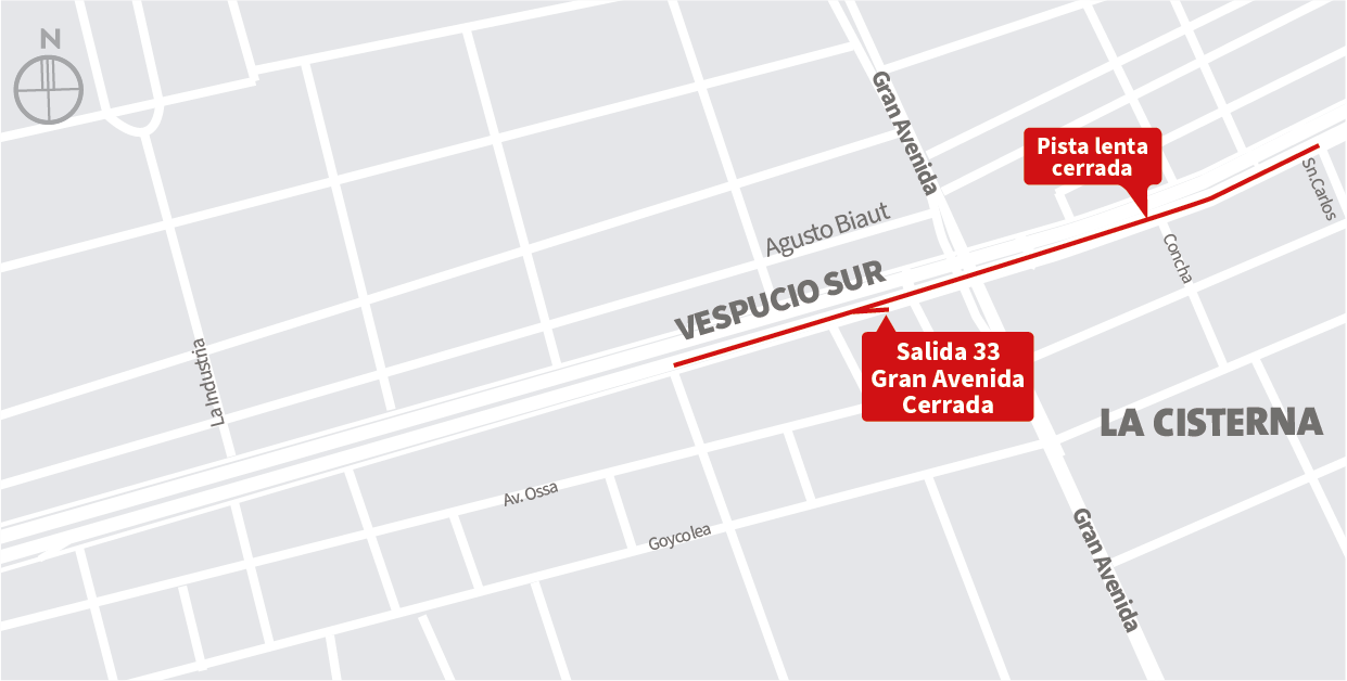 Cierre pista lenta de la autopista y cierre Salida 33 Gran Avenida, de poniente a oriente, entre calle Concha y San Carlos, La Cisterna