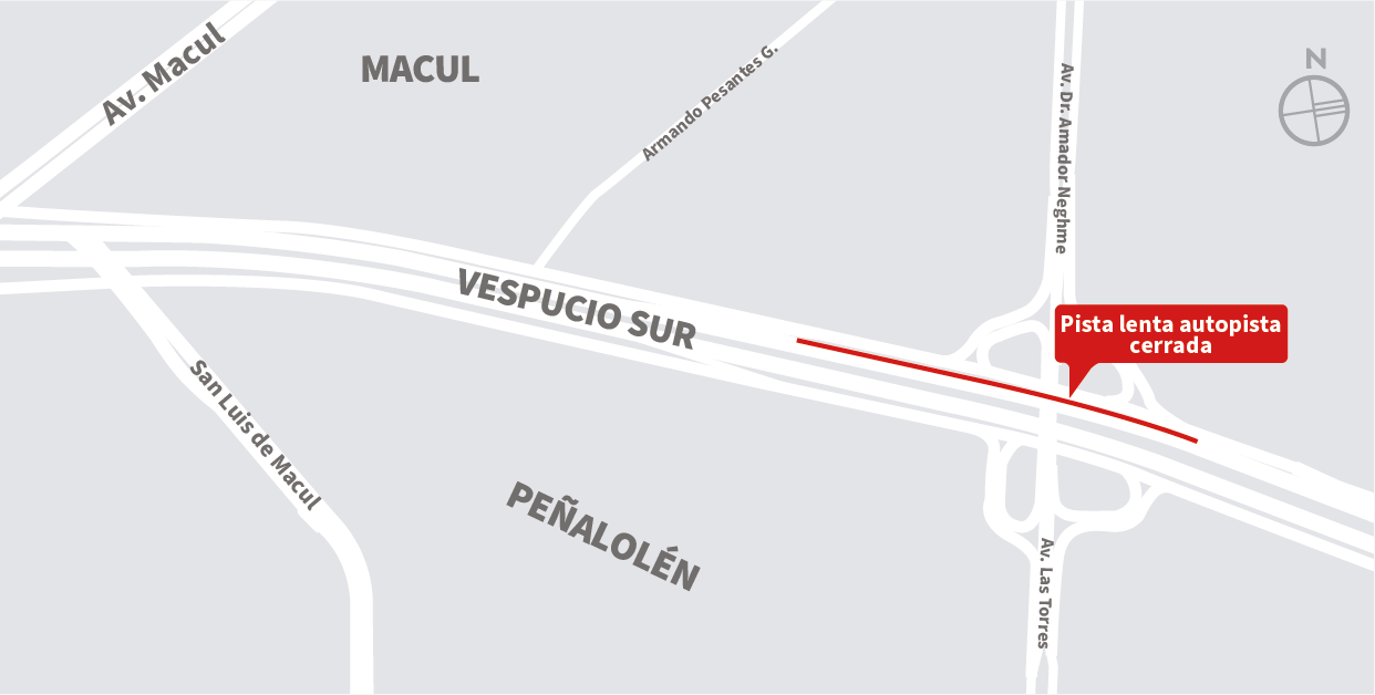 Cierre pista lenta de la autopista de oriente a poniente, sector enlace Av. Las Torres, Macul