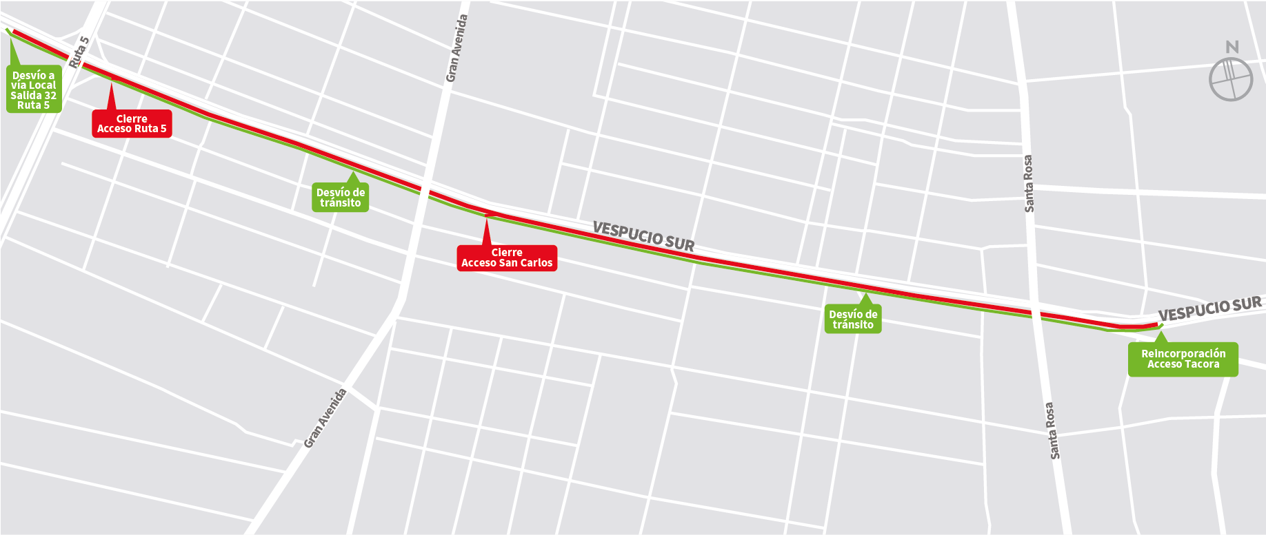 Cierre de vía expresa al oriente desde Salida 32 Ruta 5, Lo Espejo, hasta Acceso Tacora, La Granja