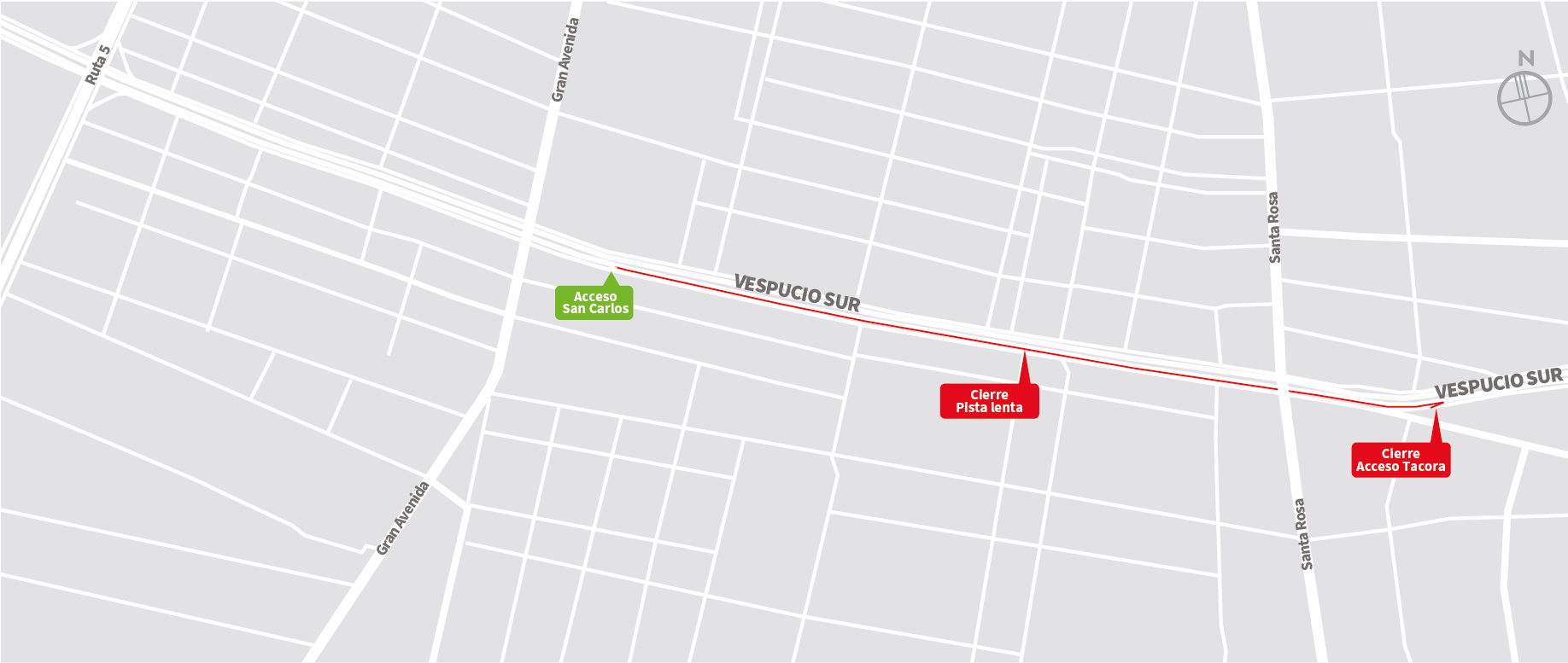 Cierre de Acceso Tacora y de pista lenta vía expresa desde Acceso San Carlos, La Cisterna, hasta Acceso Tacora, La Granja